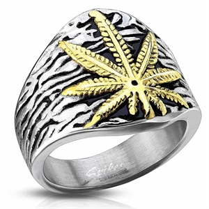 Cannabis men's ring in stainless steel