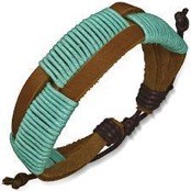 Leather bracelet with turquoise cotton braid