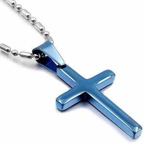 Bluecoated steel cross with chain - Blue Steel