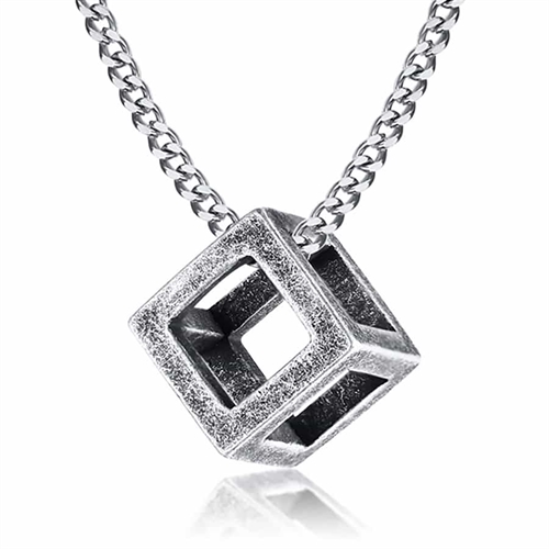 Block necklace in oxidised steel.