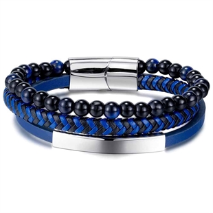 Blue wice bracelet with leather and pearls.