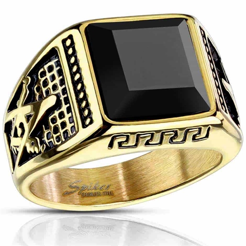 Facet square men\'s ring with black onyx