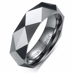 Faceted tungsten ring with shine.