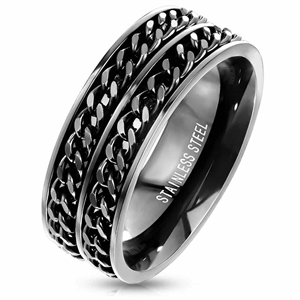 Two chains men's ring in black coated steel