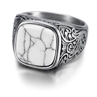 White Kubal design ring in stainless steel and white stone.